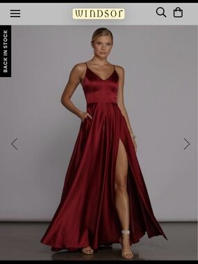 Windsor Wine Satin V-Neck High-Slit Prom Dress